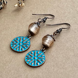 Copper Coin Earrings with Blue Patina & Vintage Glass Bead