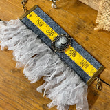 Repurposed Denim Cameo Cuff Bracelet with Yellow Measuring Tape
