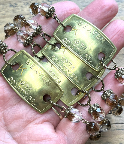 1971 Vintage Brass Dog Tag Bracelet with Smoky Glass Beads -  Upcycled Altered Art Assemblage Jewelry
