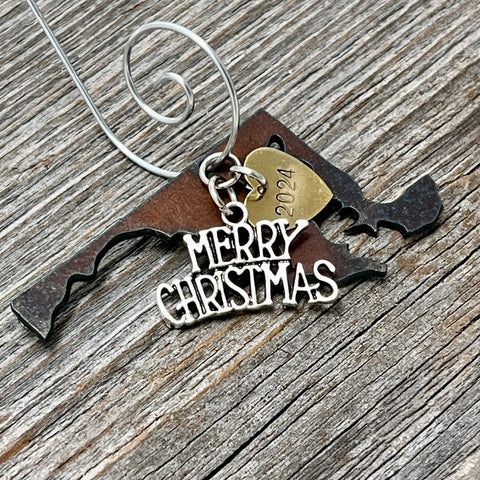 2024 Massachusetts Christmas Ornament with Merry Christmas Charm & Brass Heart Tag