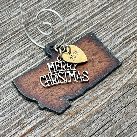 2024 Montana Christmas Ornament with Merry Christmas Charm & Brass Heart Tag, SMALL