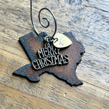 2024 Texas Christmas Ornament with Merry Christmas Charm & Brass Heart Tag, Small