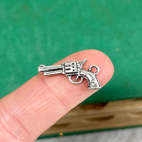 Pistol Six-Shooter Gun Charm, Antiqued Silver (1)