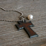 Rustic Cross Necklace with Freshwater Pearl, 16-20" chain