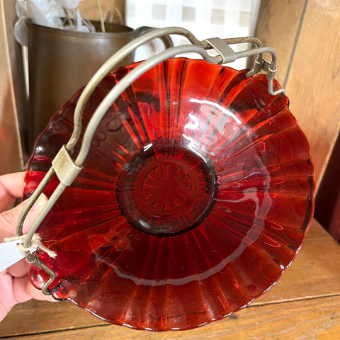 Vintage Red Glass Bowl with Metal Handle