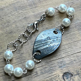 Vintage Steel Dog Tag Bracelet with White Pearl Beads - 1952, 1953