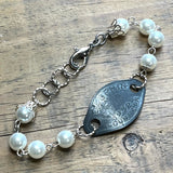 Vintage Steel Dog Tag Bracelet with White Pearl Beads - 1952, 1953