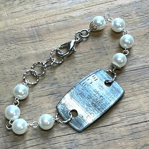 Vintage Steel Dog Tag Bracelet with White Pearl Beads - 1952, 1953