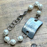 Vintage Steel Dog Tag Bracelet with White Pearl Beads - 1952, 1953