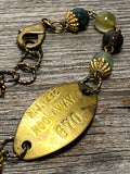 Vintage Brass Dog Tag Bracelet with Green Moss Agate Beads - 1962, 1963, 1968, 1969, 1970