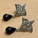 Art Deco Style Silver Earrings with Rhinestones & Black Bead Drop