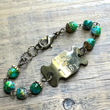 Vintage Dog Tag Bracelet with Green Blue Glass Beads - 1954 1981
