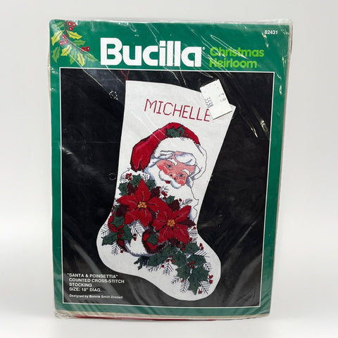 NEW Bucilla SANTA & POINSETTIA Christmas Stocking Cross Stitch Kit 82431 V145