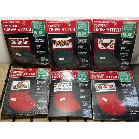 LOT of 6 NEW Cross Stitch Kits Christmas Stocking Kits Vintage 1986
