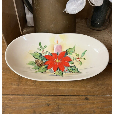 Vintage Ucagco Ceramics Christmas Bowl Snack Candy Dish Japan Poinsettia V9