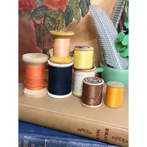 7 Vintage Wood Spools With Fall Colored Threads