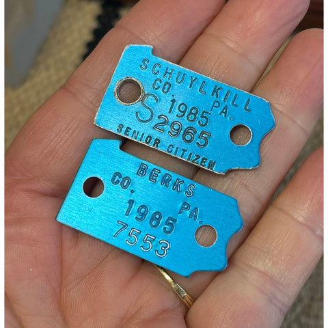 T25. 2 blue Pennsylvania shaped dog tags