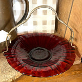 Vintage Red Glass Bowl with Metal Handle