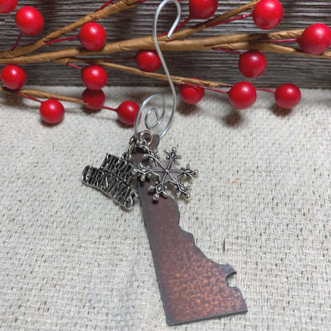 Delaware Christmas Ornament with Merry Christmas & Snowflake Charms