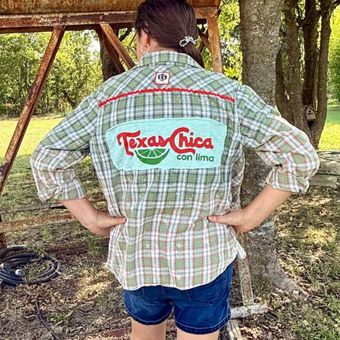 Embellished Green Flannel Plaid Texas Chica Shirt, XL