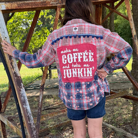 Bleached Flannel Plaid Make Me Coffee & Take Me Junkin' Shirt, L