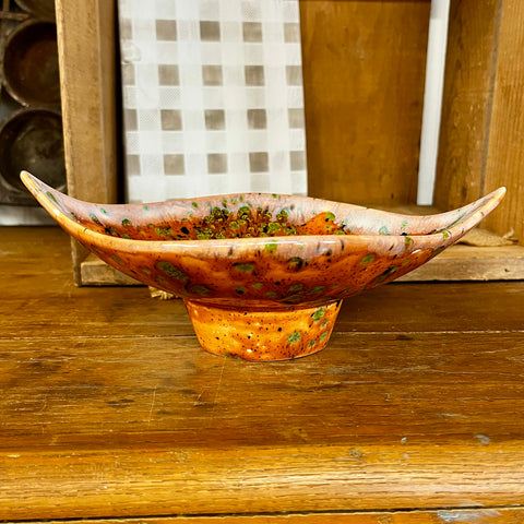 Vintage Mid-Century Ceramic Pedestal Dish – Leaf-Shaped with Orange, Black & Green Glaze