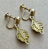 Vintage Gold Tone Leaf Screw Back Earrings with Green Cabochon