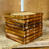 Vintage Wooden Book Coaster Set – 8 Coasters with Cork Centers