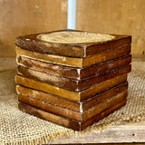 Vintage Wooden Book Coaster Set – 8 Coasters with Cork Centers