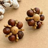Antique Wood Earrings with Flowers & Stars