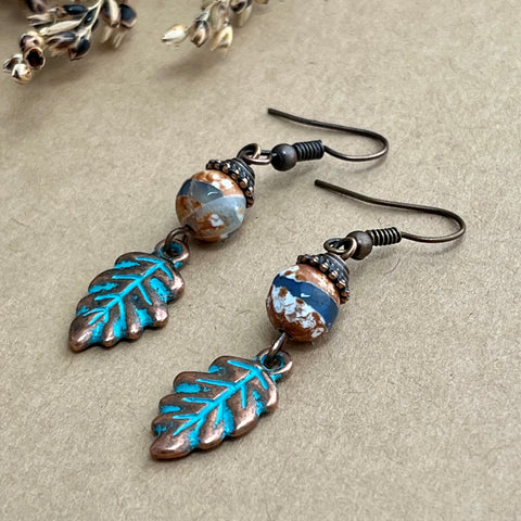Copper Leaf Earrings with Blue Patina & Agate Bead
