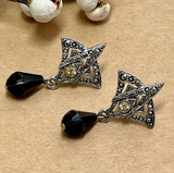 Art Deco Style Silver Earrings with Rhinestones & Black Bead Drop