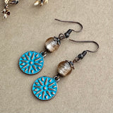 Copper Coin Earrings with Blue Patina & Vintage Glass Bead