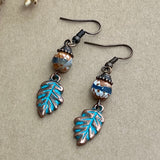 Copper Leaf Earrings with Blue Patina & Agate Bead