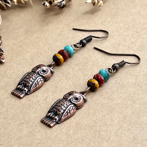 Copper Owl Earrings with Glass Bead Stack – Duct Tape and Denim