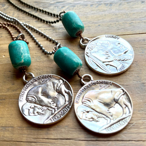 Long Buffalo Nickel Necklace with Turquoise Bead