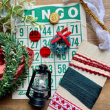 Vintage Christmas Craft Supply Pack with Bingo Card, Domino, Poker Chips, Mini Wreath & Mixed Embellishments