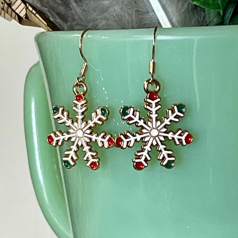 Snowflake Christmas Earrings – Rose Gold with Red & Green Tips
