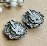 Beautiful Vintage Silver Tone Clip On Earrings with Black & Gray Beads