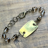 1971 Vintage Brass Dog Tag Bracelet with Smoky Glass Beads -  Upcycled Altered Art Assemblage Jewelry