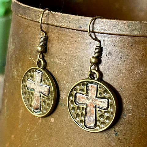 Silver Cross Earrings on Brass Circle