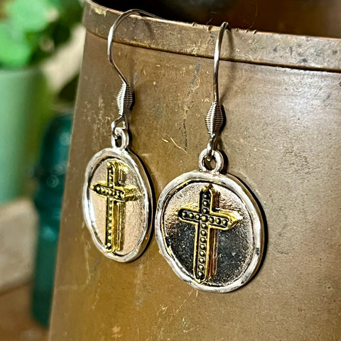 Brass Cross Earrings on Silver Circle