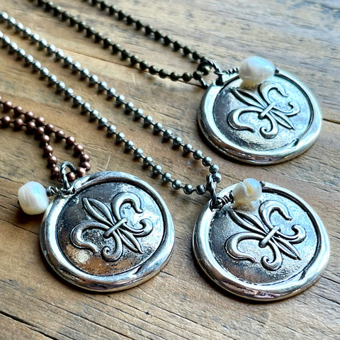 Fleur de Lis Medallion Necklace with Freshwater Pearl