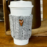 Handmade Crochet Coffee Cozy - Grey with Heart Button