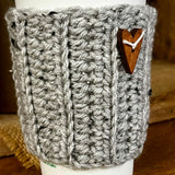 Handmade Crochet Coffee Cozy - Grey with Heart Button