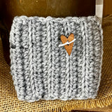 Handmade Crochet Coffee Cozy - Grey with Heart Button