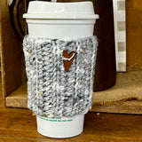 Handmade Crochet Coffee Cozy - Grey & White with Heart Button