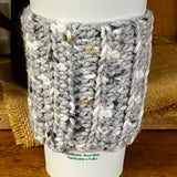 Handmade Crochet Coffee Cozy - Grey & White with Heart Button