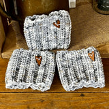 Handmade Crochet Coffee Cozy - Grey & White with Heart Button