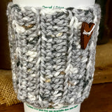 Handmade Crochet Coffee Cozy - Grey & White with Heart Button